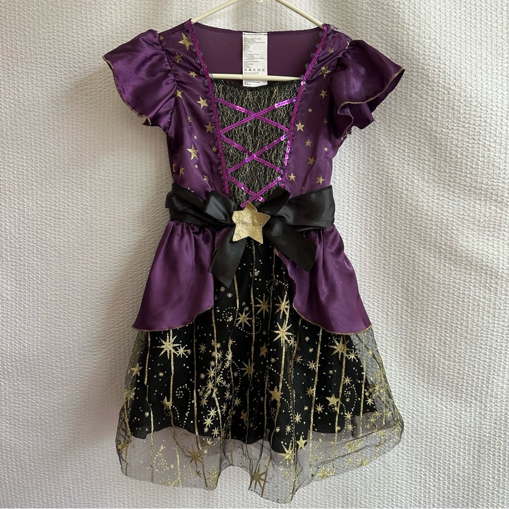 GIRLS Purple Black Gold Witch Fairy Halloween Costume Star Tulle Dress Size 4/6